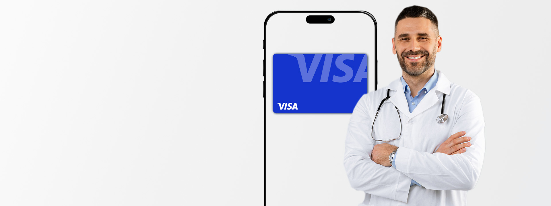 A smiling male doctor stands beside a smartphone displaying a blue Visa card on its screen.