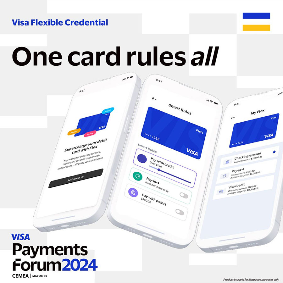 Three smartphones display the Visa app, highlighting features like credit card management and payment options. The text reads "Visa Flexible Credential" and "One card rules all." 
